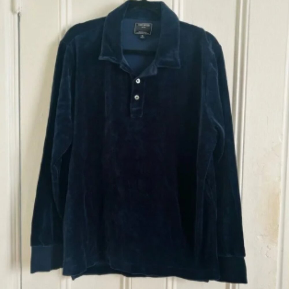Todd Snyder Navy Blue Velour Velvet Long Sleeve Polo